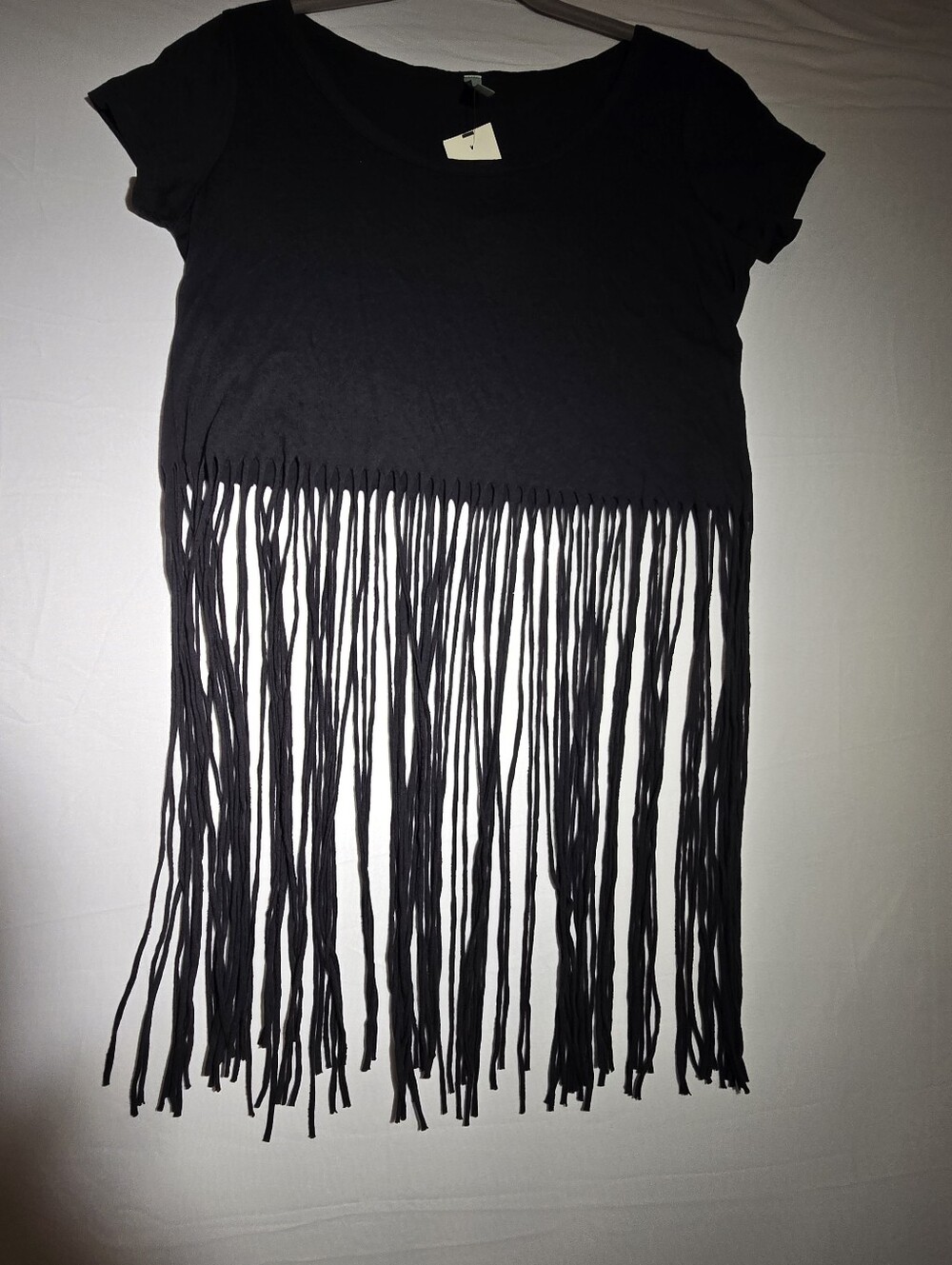 NWT Gaby With Love Black Long Fringe Short Sleeve Crop Top M